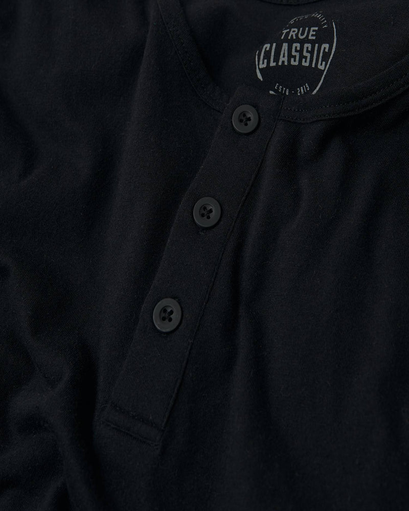 All Black Classic Henley 3-Pack showing button placket and TRUE CLASSIC label.