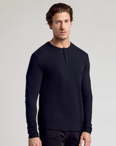True ClassicYoung man wearing All Black Classic Henley from 3-Pack.