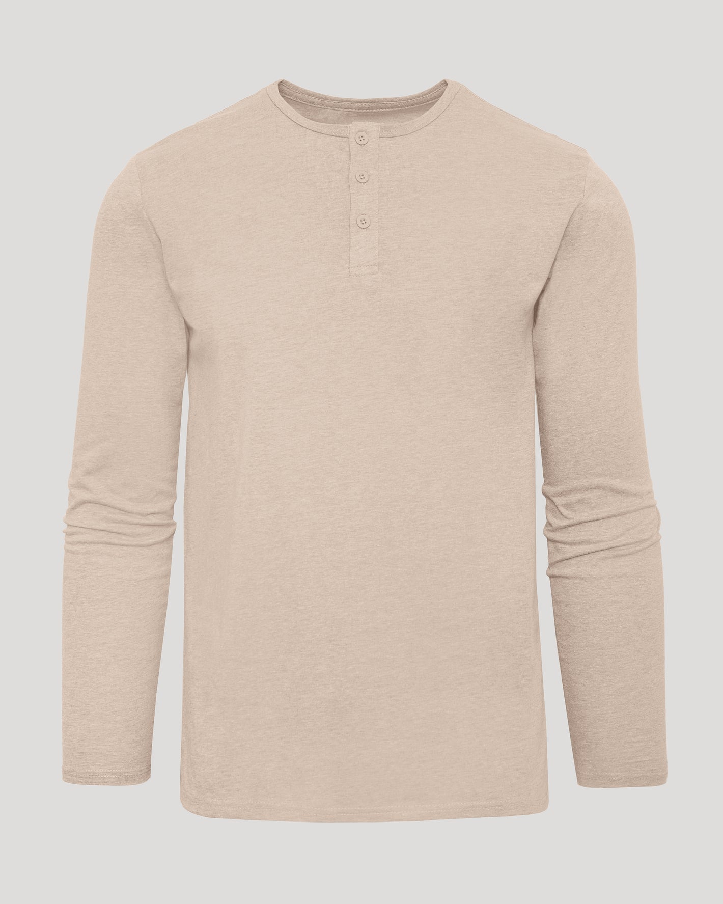 Heather Camel Classic Long Sleeve Henley, beige, three-button placket, flat-laid.
