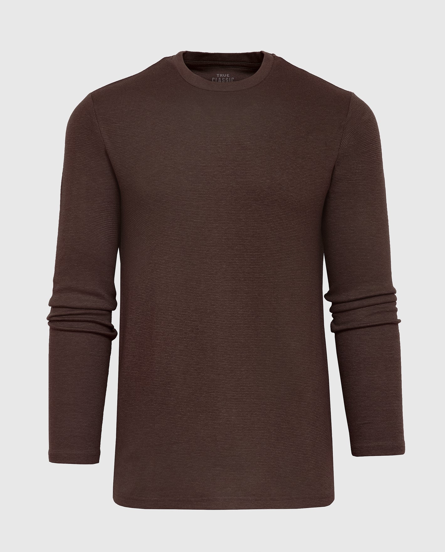 Dark Oak Waffle Long Sleeve Crew Neck against neutral background.
