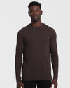 Man wearing Dark Oak Waffle Long Sleeve Crew Neck, textured, fitted style.