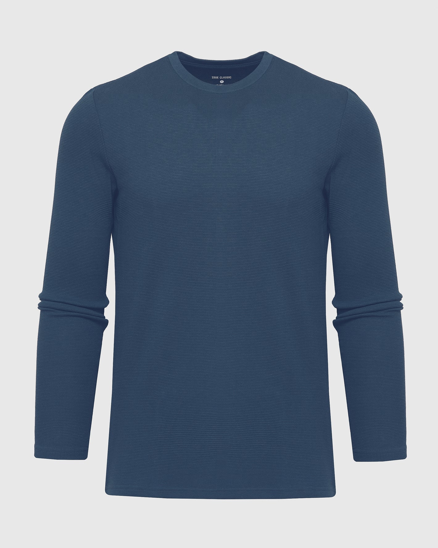 Deep Sea Blue Long Sleeve Waffle Crew in textured knit fabric.