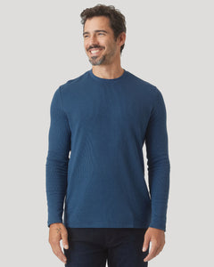 True ClassicMan wearing Deep Sea Blue Long Sleeve Waffle Crew, smiling.