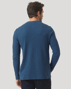 True ClassicBack view of Deep Sea Blue Long Sleeve Waffle Crew on man.