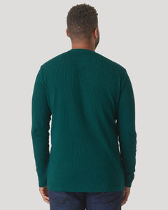True ClassicMan wearing Evergreen Heather Waffle Long Sleeve Crew Neck and dark jeans.