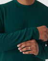 Evergreen Heather Waffle Long Sleeve Crew Neck with gold ring detail.