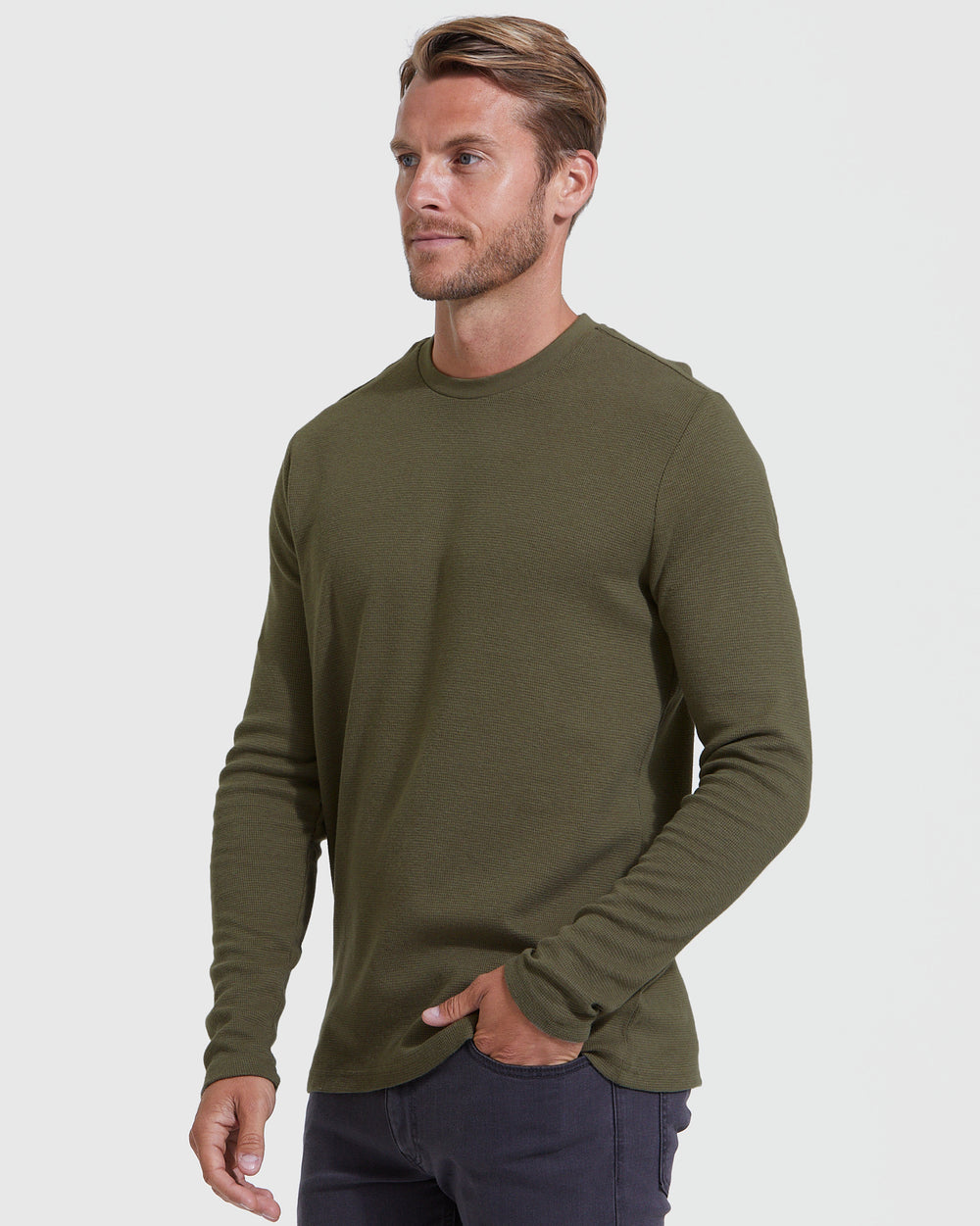 Military Green Waffle Long Sleeve Crew Neck