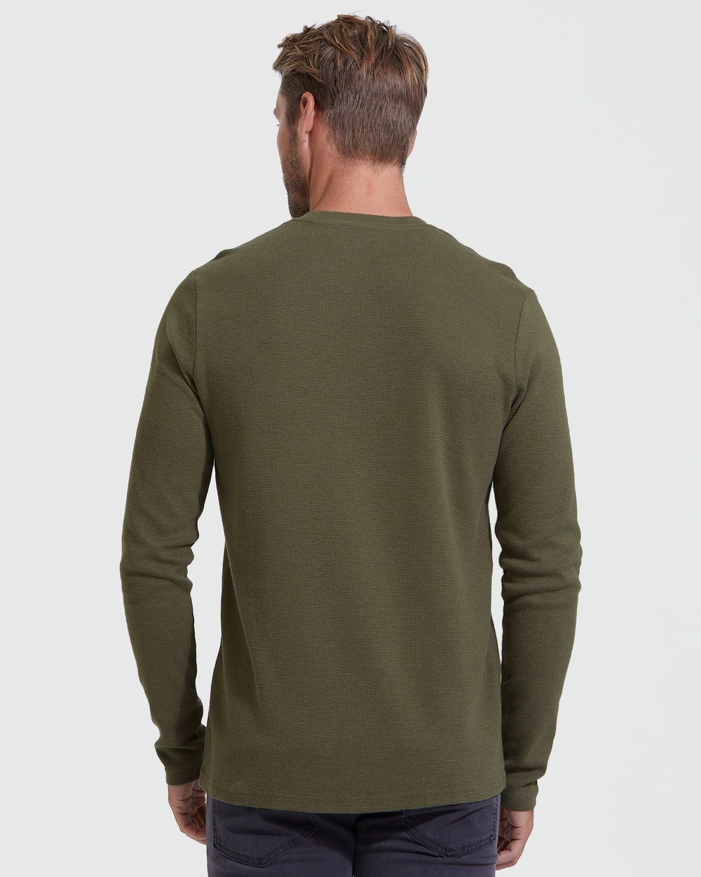 Military Green Waffle Long Sleeve Crew Neck