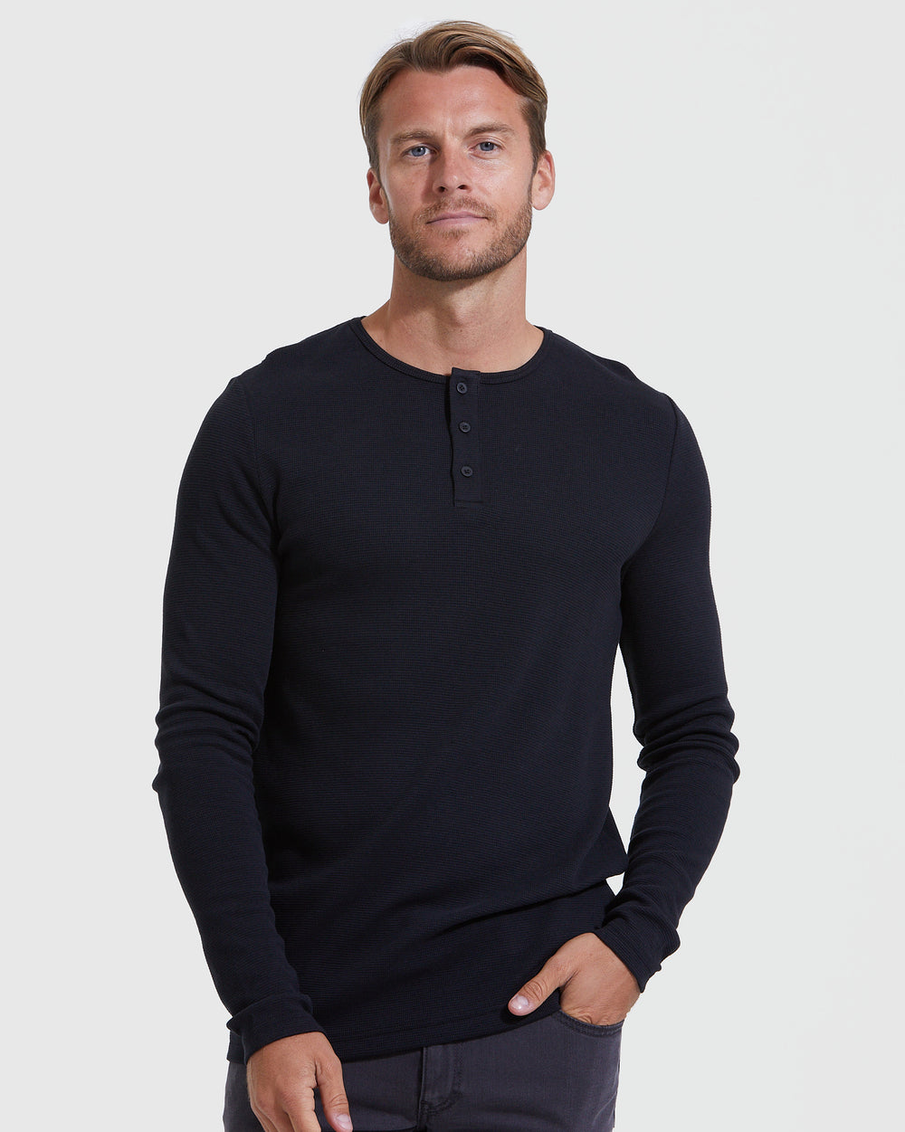 Black Waffle Long Sleeve Henley