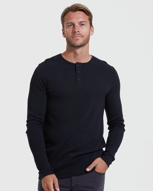 Black Waffle Long Sleeve Henley on male model, neutral background.
