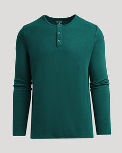 True ClassicDeep Emerald Waffle Long Sleeve Henley with textured weave and button placket.