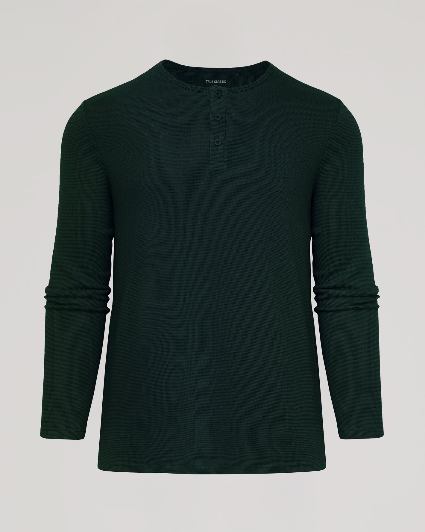 Kale Waffle Long Sleeve Henley shirt with waffle-knit texture.