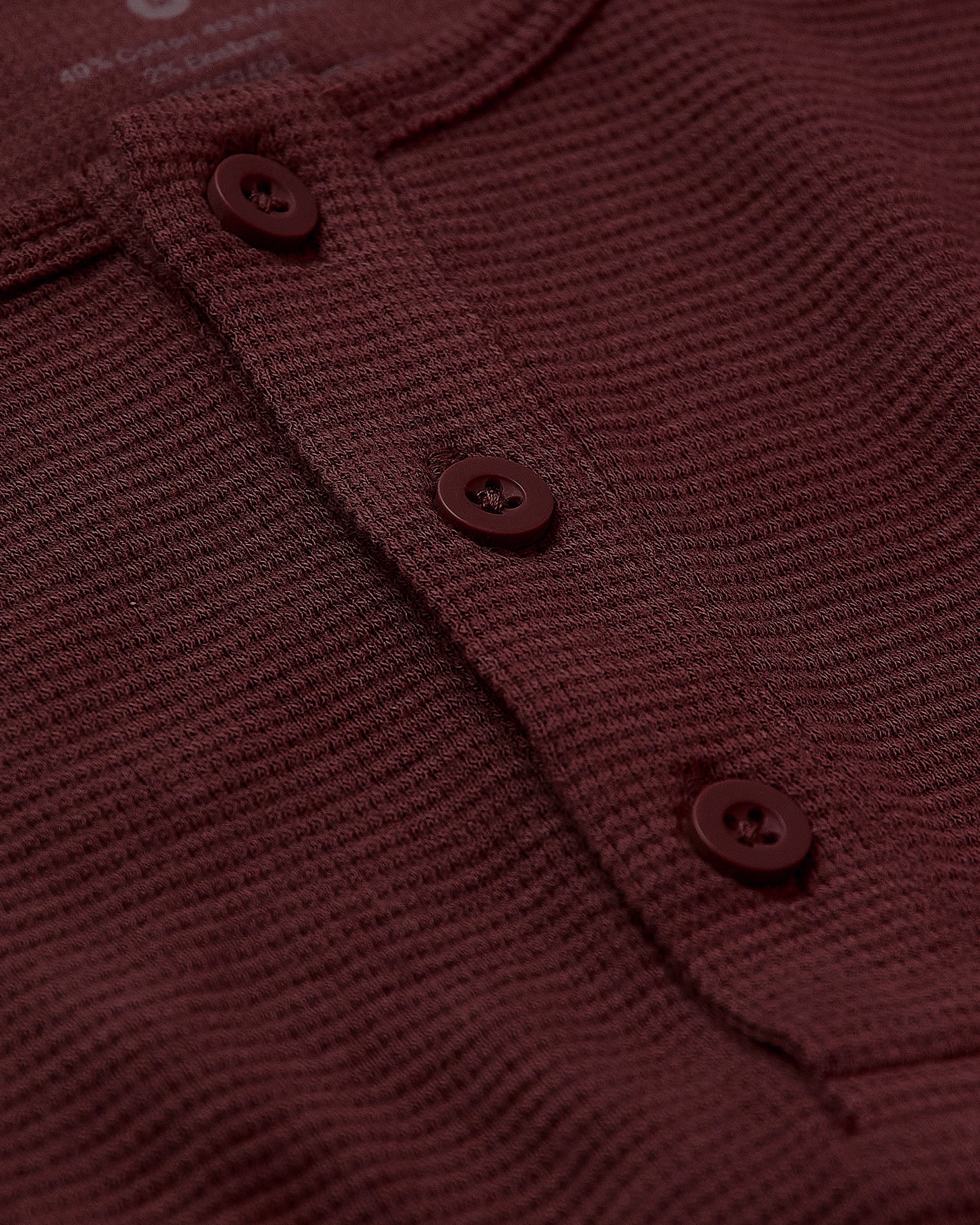 Mahogany Long Sleeve Waffle Henley close-up with button placket.