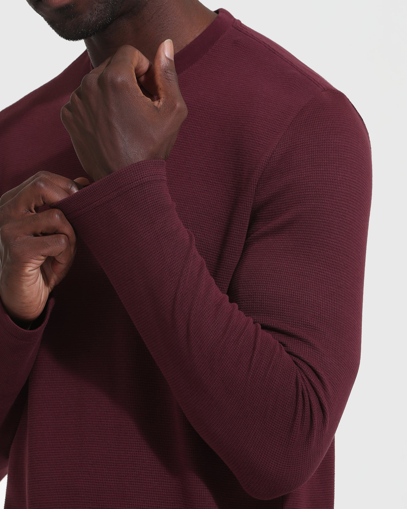 Mahogany Long Sleeve Waffle Henley with cuff adjustment.