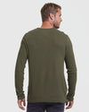 Man in Military Green Waffle Long Sleeve Henley, back view.