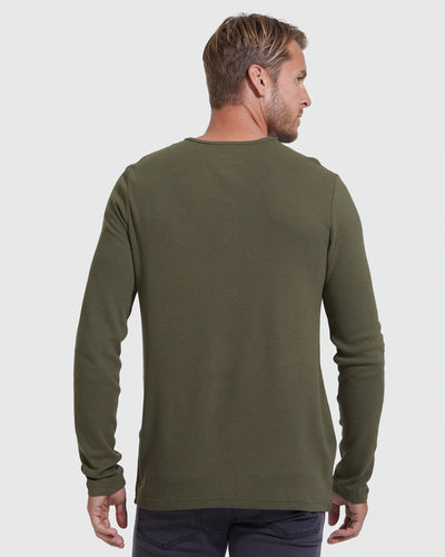 Waffle Long Sleeve Henley - Military Green
