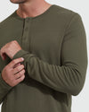 Military Green Waffle Long Sleeve Henley with button placket and cuff adjustment.