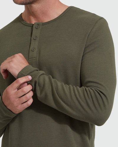 Waffle Long Sleeve Henley - Military Green