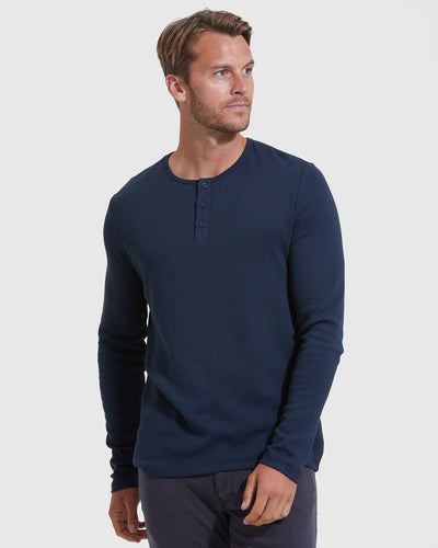 Waffle Long Sleeve Henley - Navy