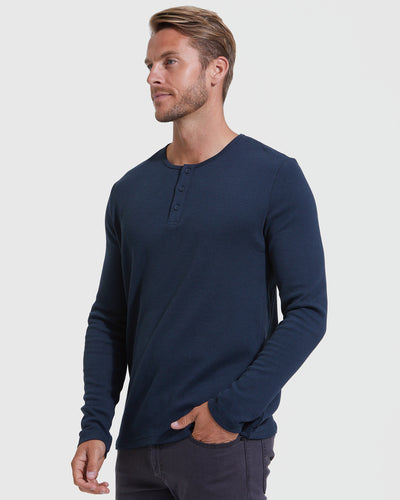 Waffle Long Sleeve Henley - Navy