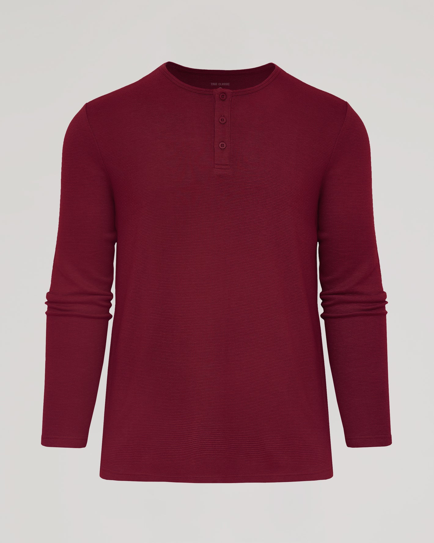 Pinot Waffle Long Sleeve Henley, deep burgundy, three-button placket, textured weave.