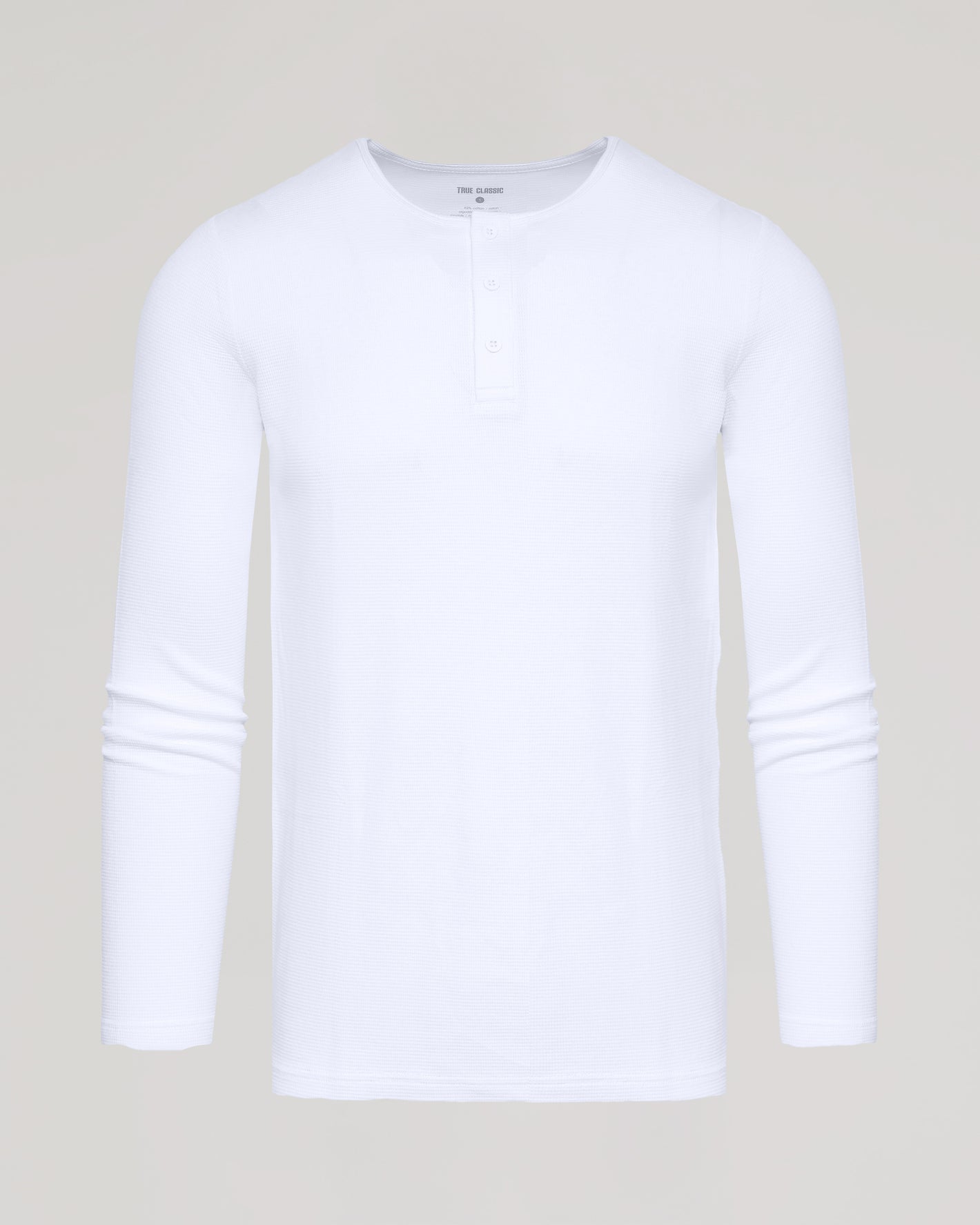 White Waffle Long Sleeve Henley with a three-button placket.