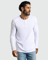 Model in Waffle Long Sleeve Henley, showcasing thermal texture.