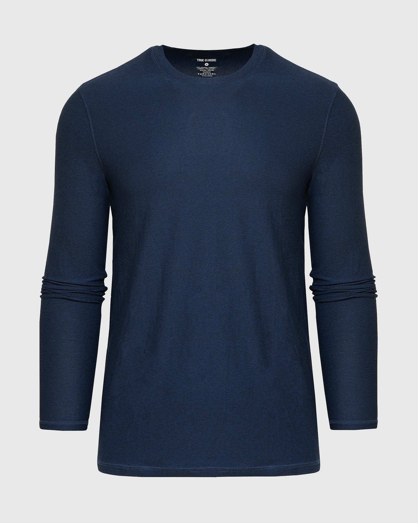 Deep Sea Blue Heather Active Long Sleeve Crew T Shirt on gray background.