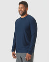 Man wearing Deep Sea Blue Heather Active Long Sleeve Crew T Shirt.