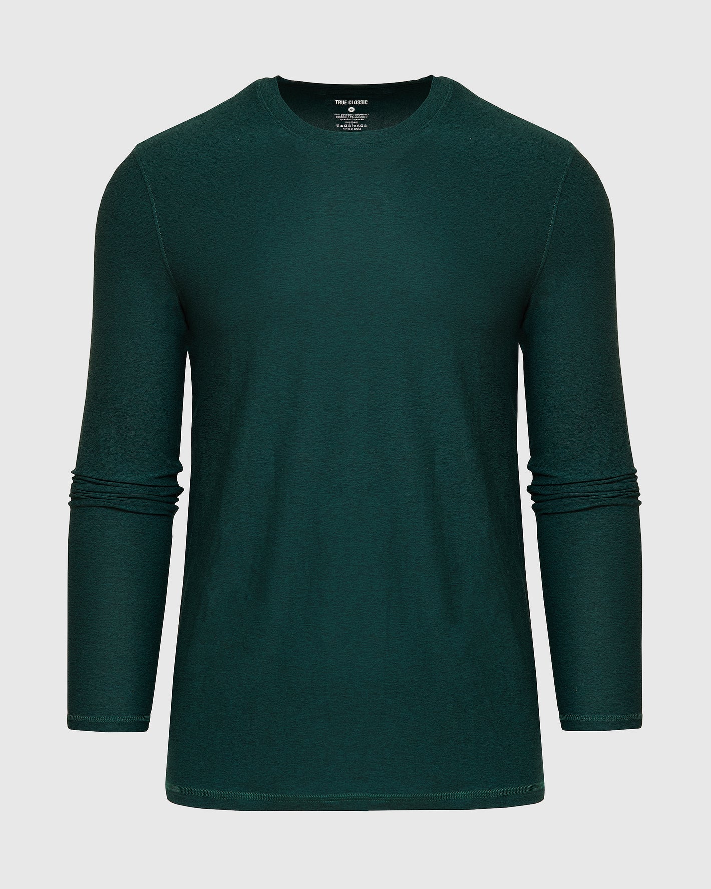 Evergreen Heather Active Long Sleeve Crew T-Shirt in dark teal, soft knit.