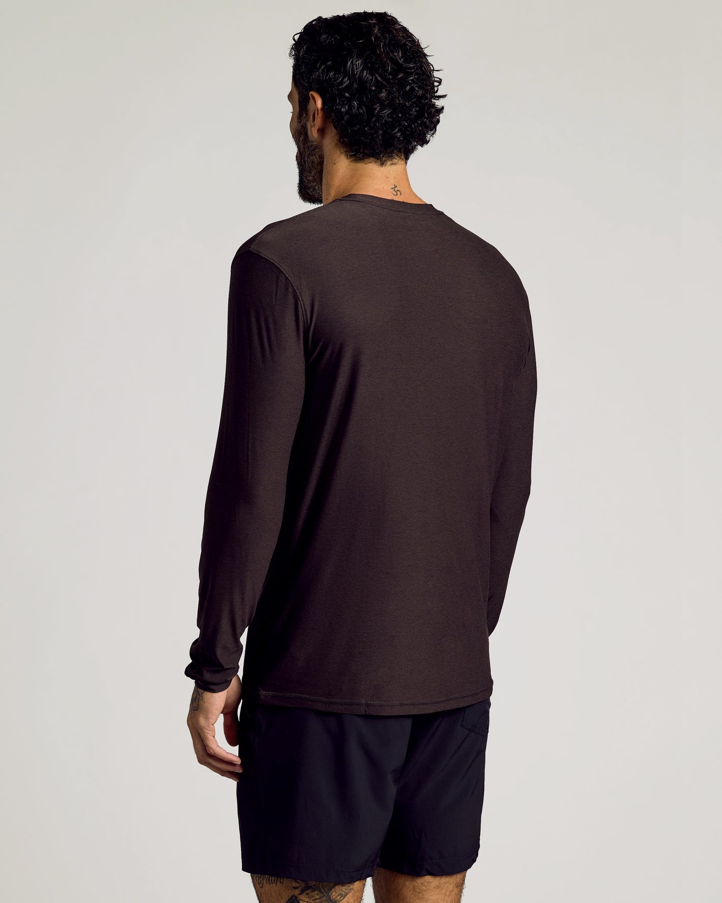 Dark Heather Cocoa Active Long Sleeve Crew T-Shirt, seen from the back.