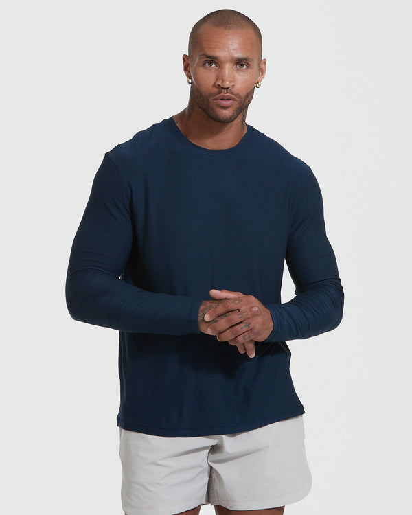 Navy Active Long Sleeve Crew T-Shirt on model with tattoos.