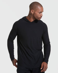 True ClassicMan wearing Black Active Hoodie with tattoos visible on neck and hand.