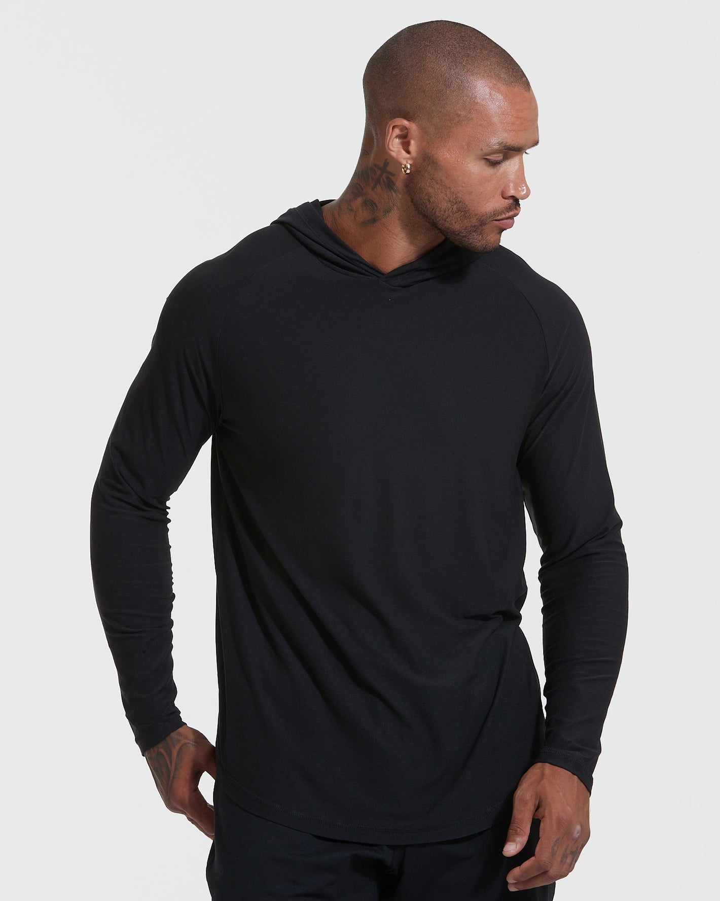 Model in Black & Charcoal Gray Active Long Sleeve Hoodie 2-Pack.