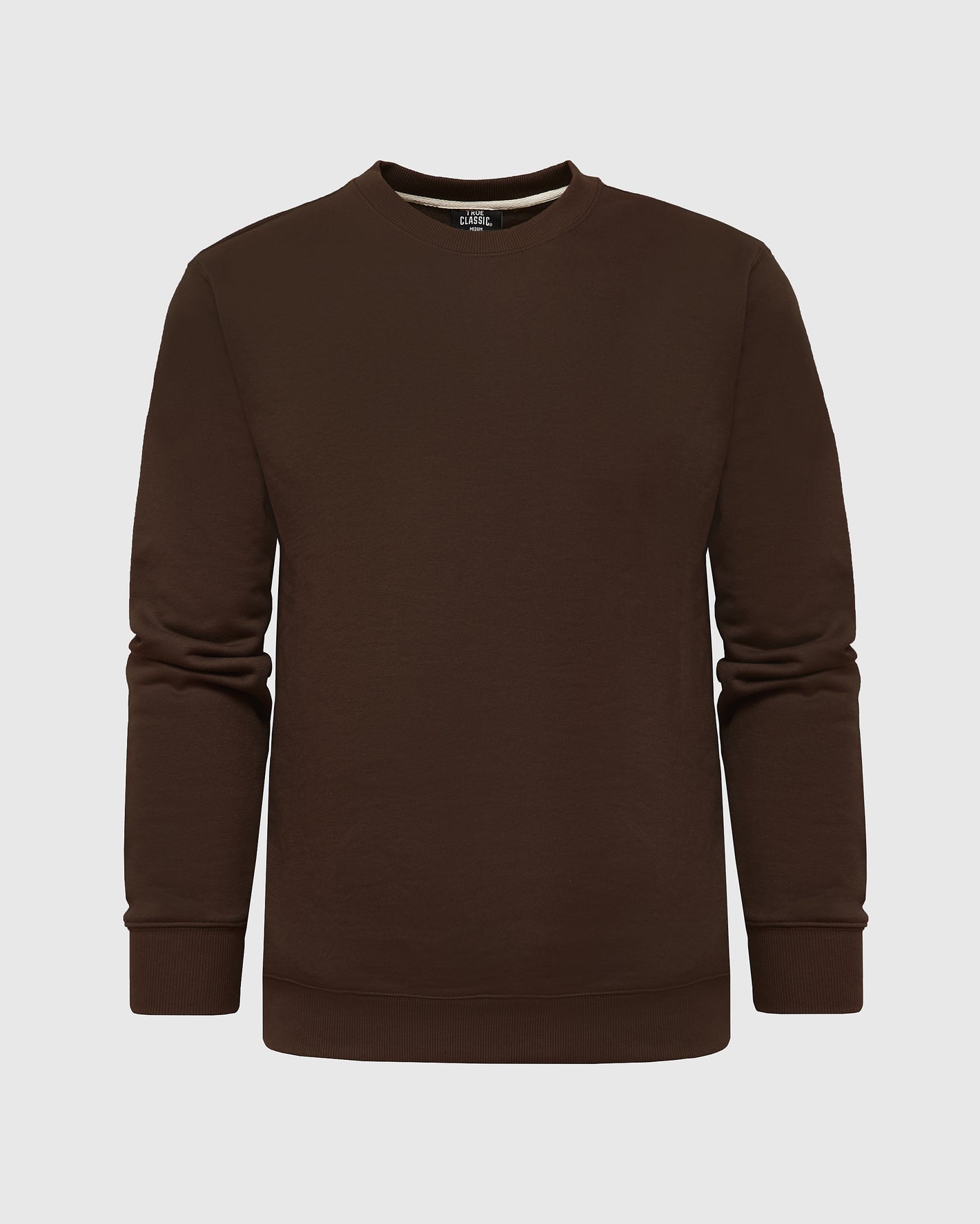 Dark Oak Fleece French Terry Pullover Crew Neck, dark-brown, long-sleeved sweatshirt.