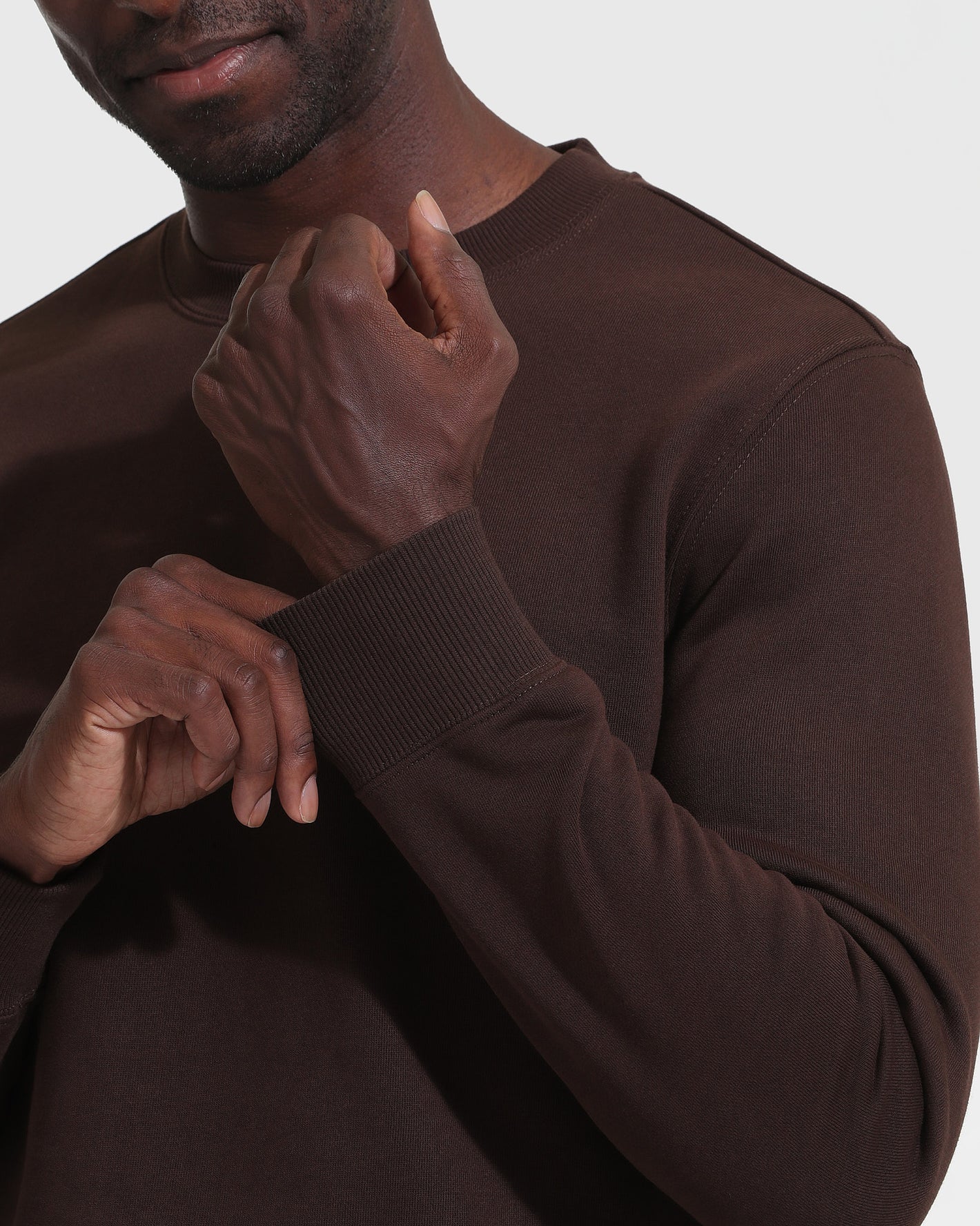 Dark Oak Fleece French Terry Pullover Crew Neck with ribbed cuffs.