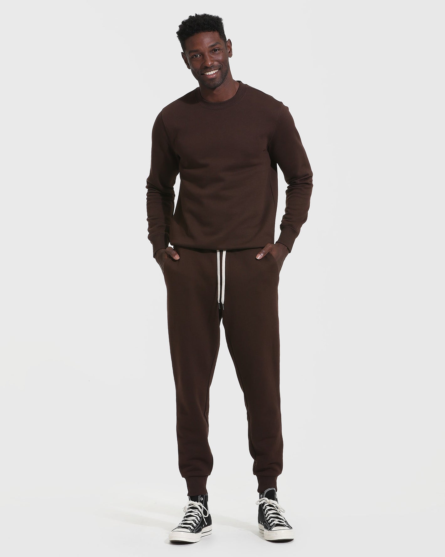 Man modeling Dark Oak Fleece French Terry Pullover Crew Neck.