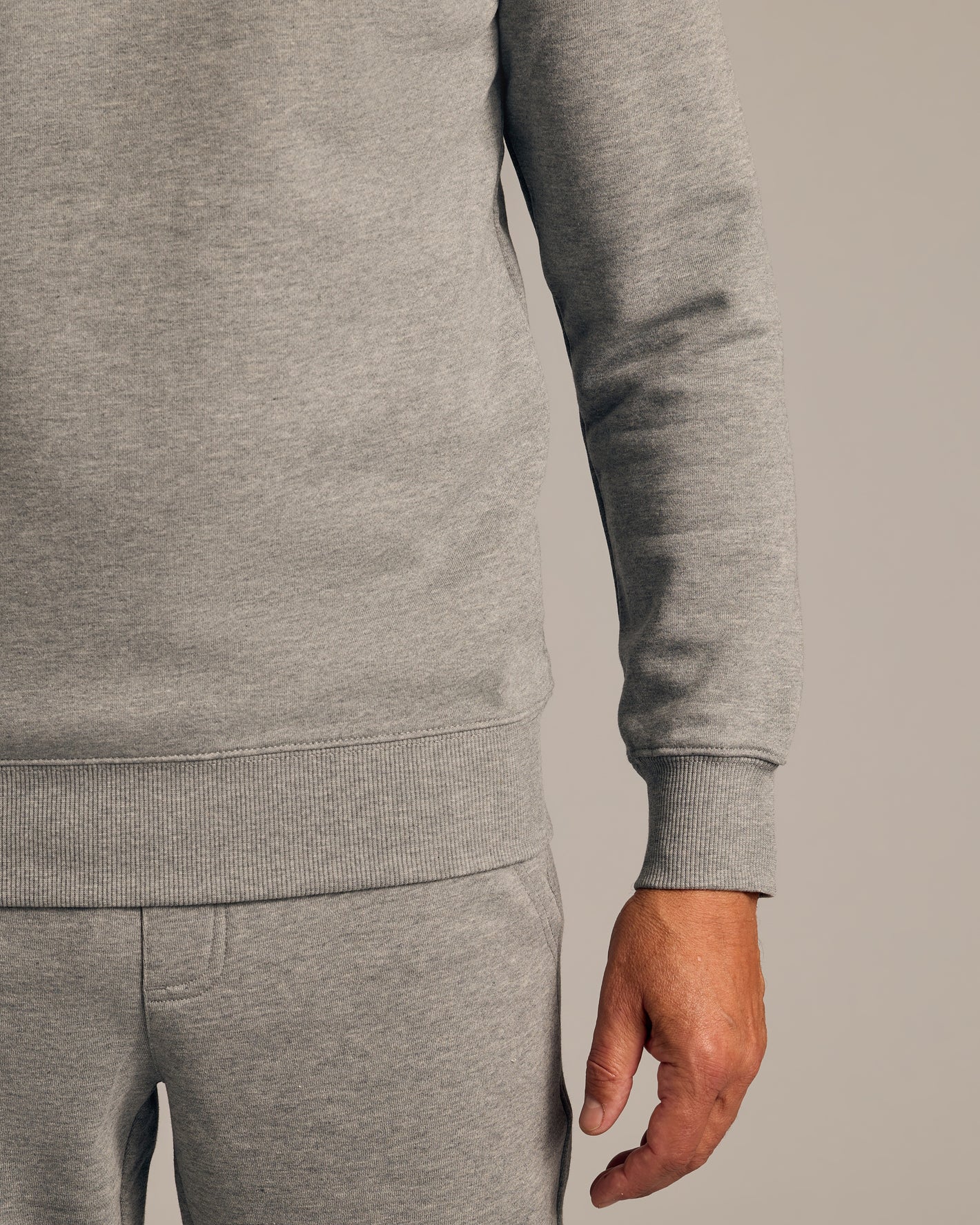Dark Heather Gray Fleece French Terry Pullover Crew Neck in light-grey, ribbed hem.