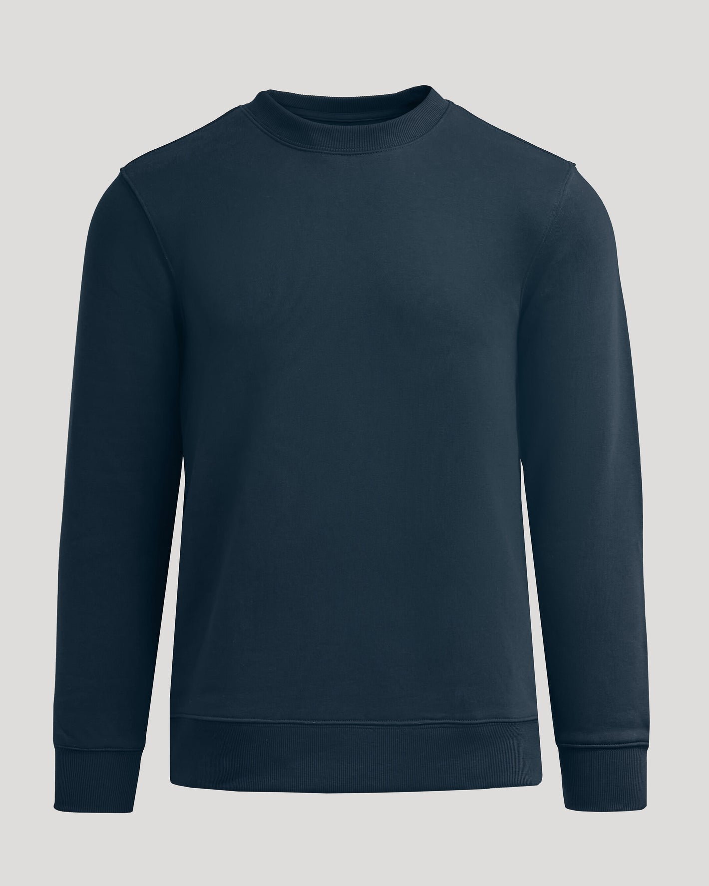 Navy Fleece French Terry Pullover Crew Neck, ribbed cuffs, athletic fit.