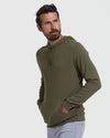 Man in Military Green Waffle Hoodie with kangaroo pocket.