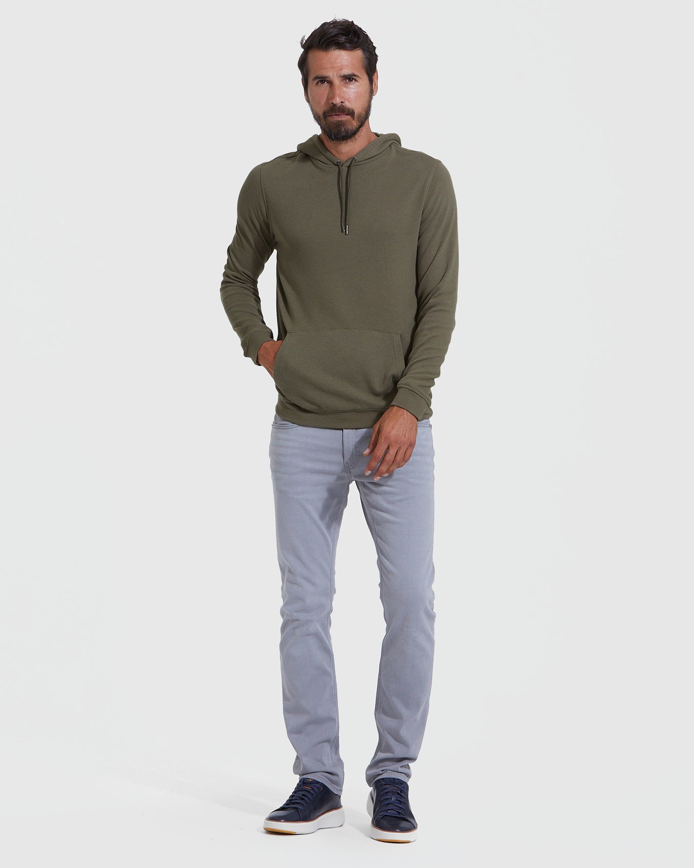 Model in Black & Military Green Waffle Hoodie 2-Pack.