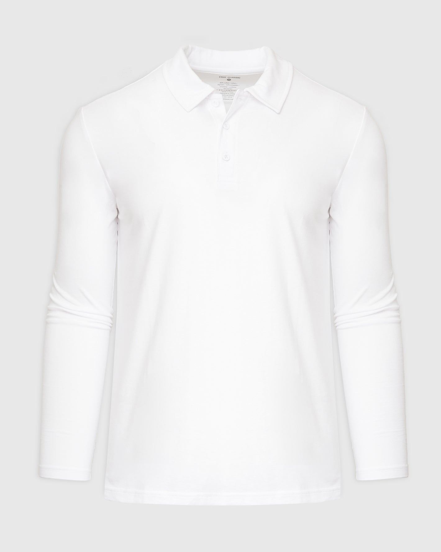 White Long Sleeve Polo with classic collar and three-button placket.