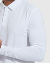 White Long Sleeve Polo with collar, button placket, and fitted arms.