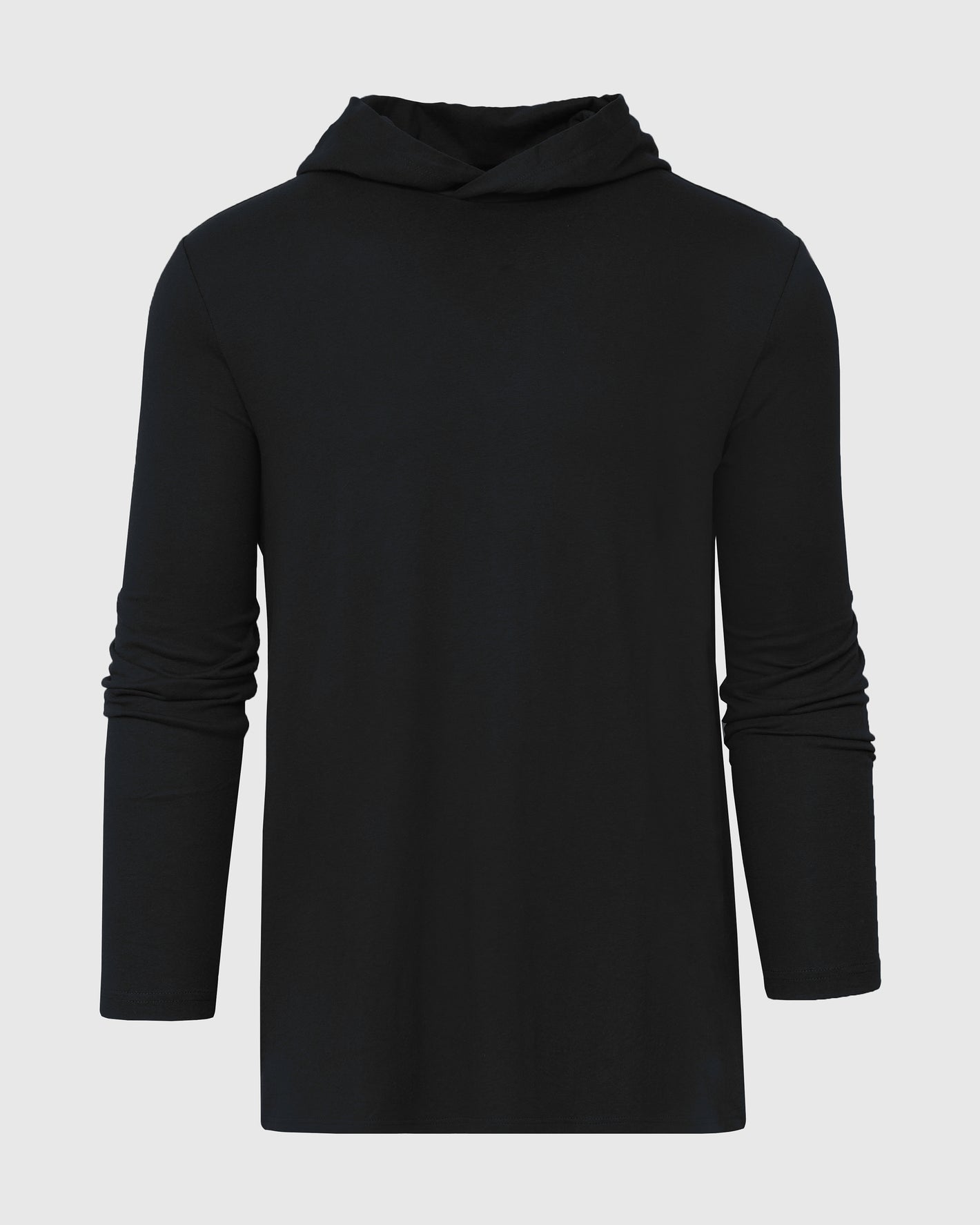 Black Hooded Long Sleeve T-Shirt, simple front view, plain and unembellished.