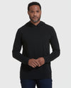 Black Hooded Long Sleeve T-Shirt worn by man against plain background.