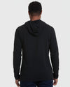 Black Hooded Long Sleeve T-Shirt shown from the back, hood down.