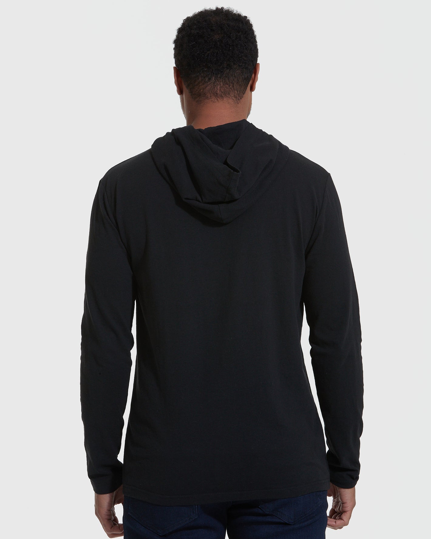Black Hooded Long Sleeve T-Shirt shown from the back, hood down.