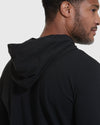 Black Hooded Long Sleeve T-Shirt viewed from the back and side.