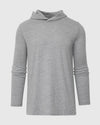 Heather Gray Hooded Long Sleeve T Shirt against neutral background.