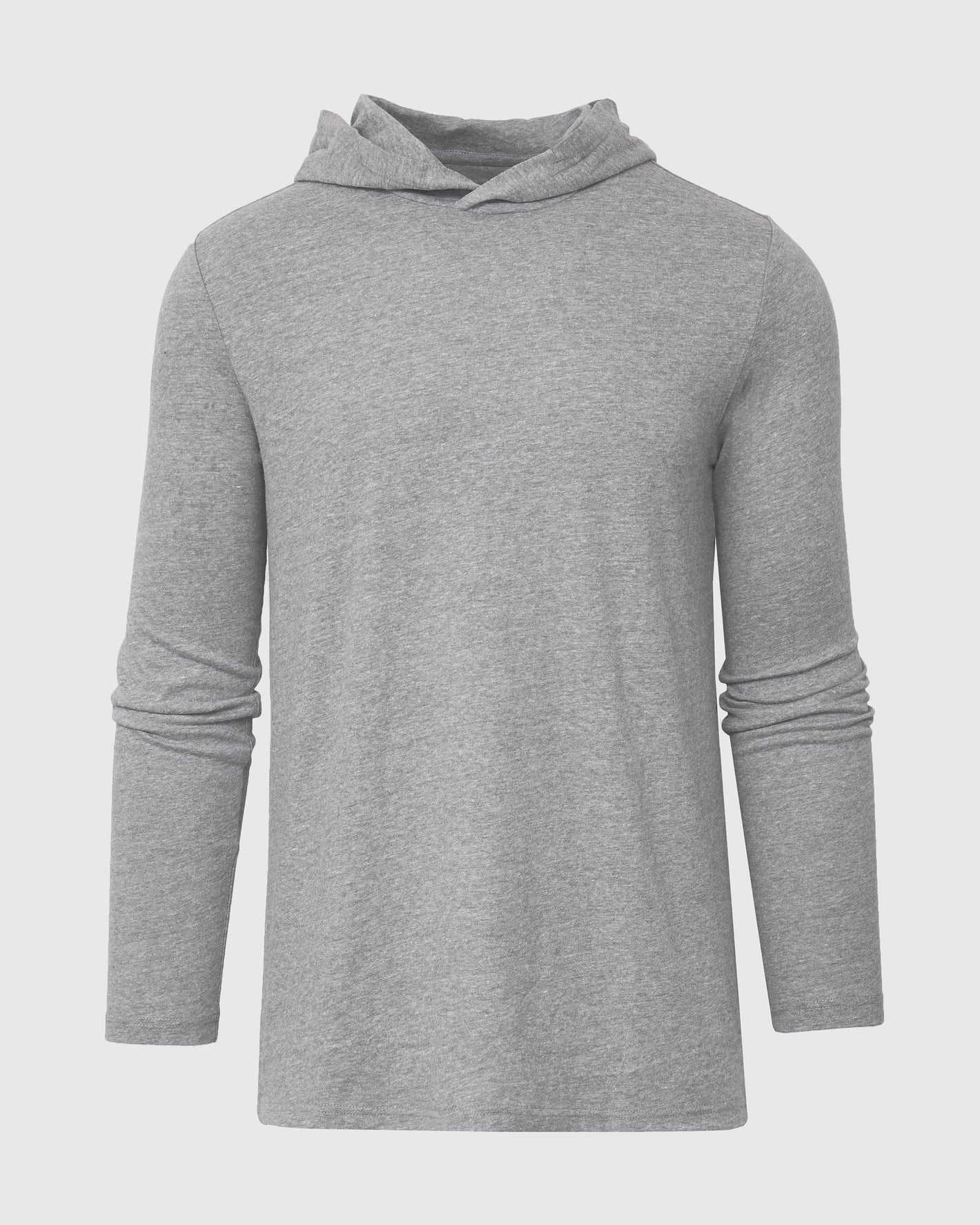 Heather Gray Hooded Long Sleeve T Shirt against neutral background.